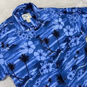 Vintage Big Dogs Shirt Men's Large Blue Hawaiian Shirt Palm Trees Floral‎ Rayon